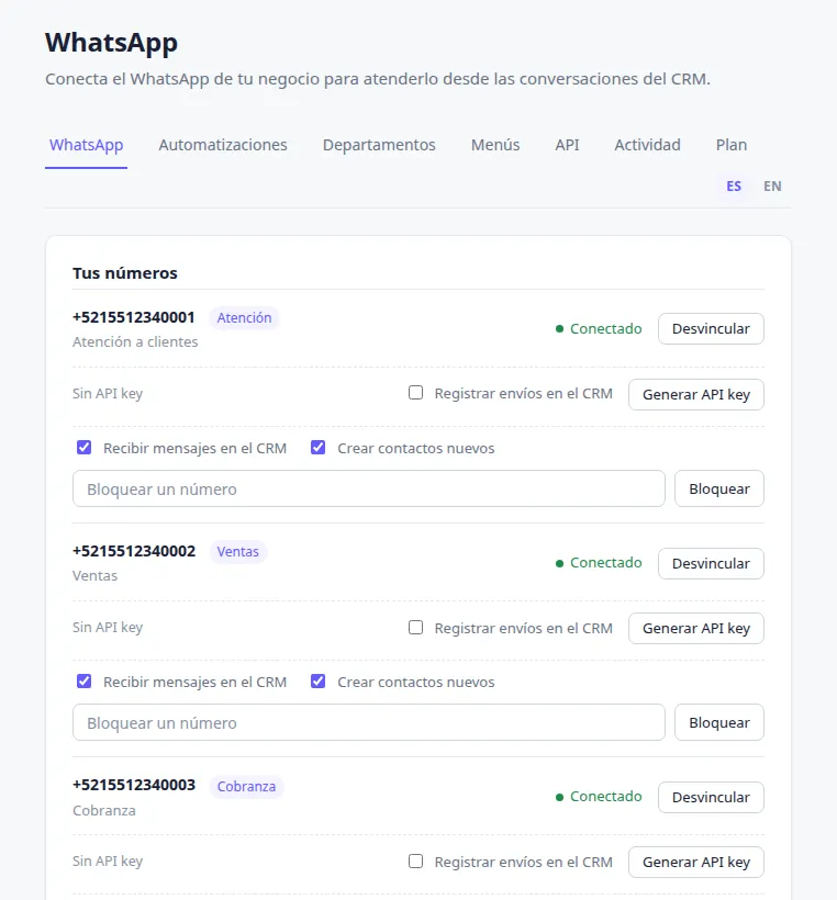 WhatsApp · Tus números